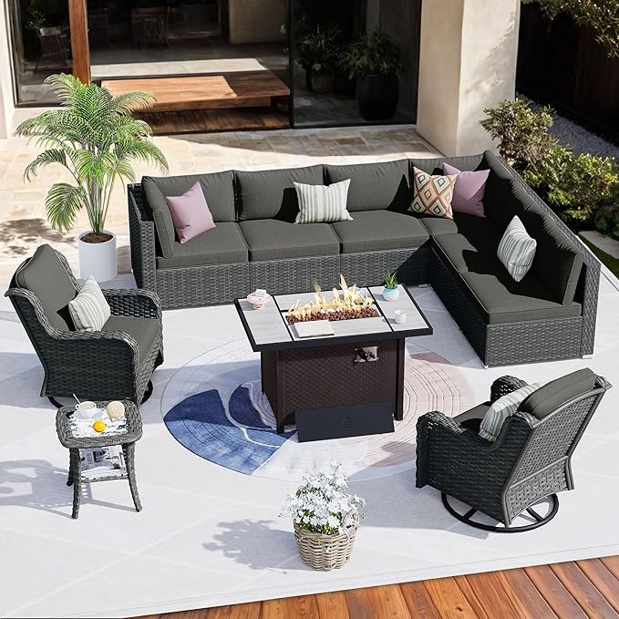 HOOOWOOO Outdoor Patio Furniture Set with Fire Pit 10 Pieces Patio Set with Fire Pit Wicker Outdoor Furniture with Fire Pit Table Set Patio Conversation Set with Swivel Chairs,Black