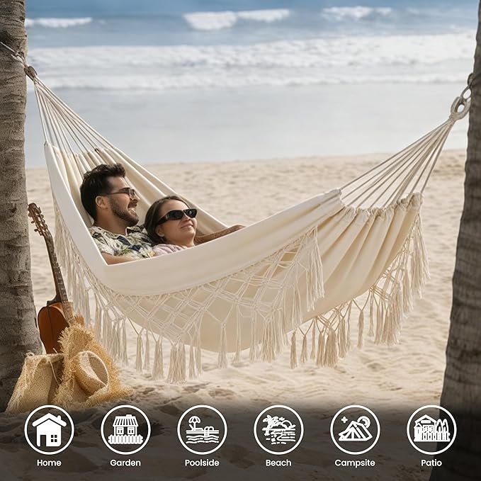 Lazy Daze Hammocks Extra Large Double Hammock, Portable Camping Hammock with Travel Bag & Tree Straps for Outdoor, Camping, Backyard, Patio, 550lbs Capacity, Beige