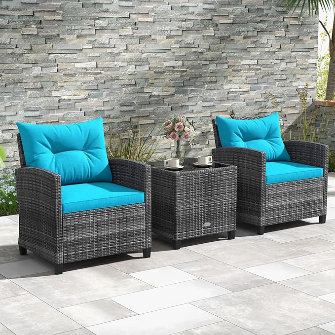 ORALNER Patio Furniture, 3 Pieces Outdoor Wicker Conversation Set Chairs with Soft Cushions and Glass Coffee Table, Rattan Bistro Set for Balcony Garden Deck Front Porch Poolside (Turquoise)