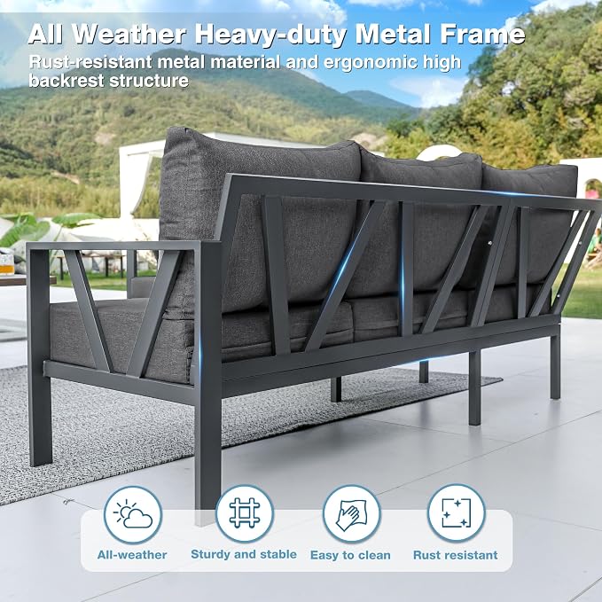 Outdoor Furniture Set, 6 Pieces Outdoor Patio Couch Sectional, L Shaped Metal Outdoor Patio Corner Sofa with 6” Thick Cushions, Outdoor Seating Conversation Set, Dark Grey