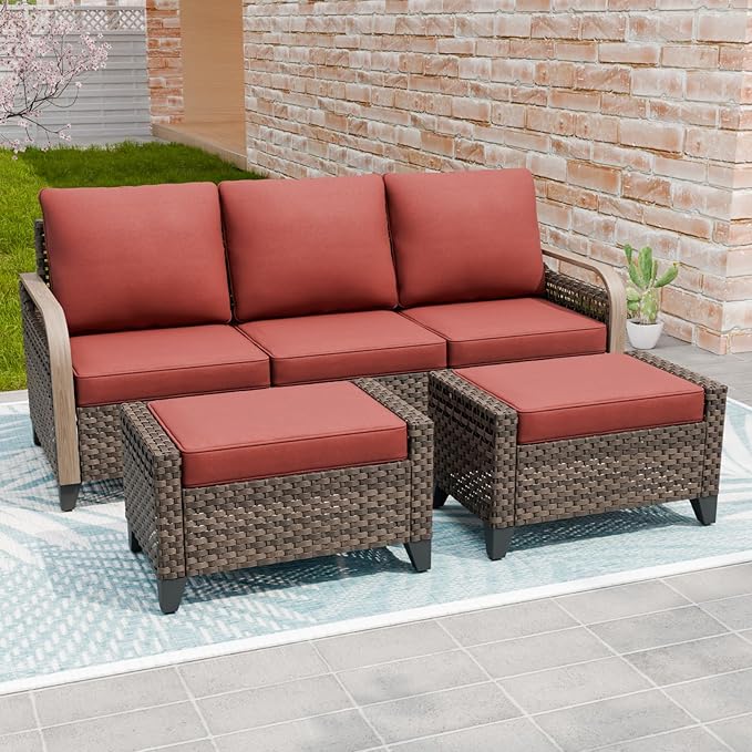Modern Wicker Patio Furniture Set, Rattan Outdoor Conversation Set with Comfortable Cushions, 3 Seat Couch and 2 Ottomans, 3 Pieces, Brown/Red
