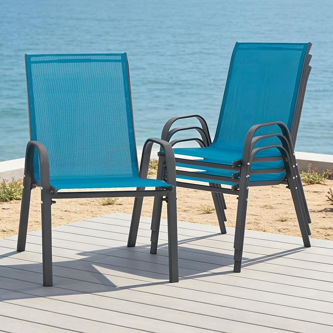 24.4" Wide Outdoor Stackable Chairs Set of 4, Stacking Patio Chairs with Textilene Fabric, Outside Furniture for Garden Backyard Balconie Poolside Deck, Blue