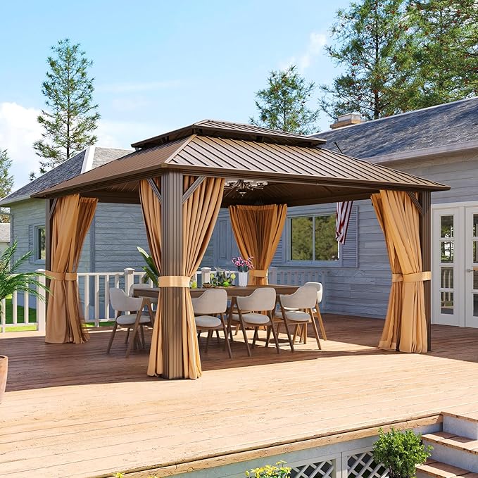 Aoxun 14’x10’ Outdoor Gazebo, Heavy Duty Canopy Pavilion with Ventilated Double Roof, Patio Pergola with Netting for Backyard, Garden, Deck (Brown)
