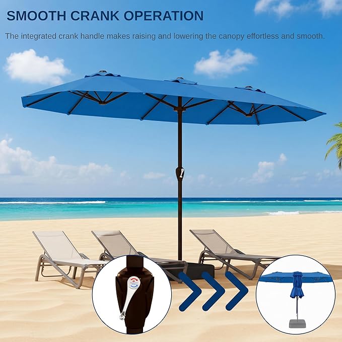 15FT Large Patio Umbrella with Base, Double Sided Rectangular Outdoor Umbrella with Sturdy Fiberglass Ribs, UPF 50+ Sun Protection, Wind-Resistant, Waterproof Fade-Resistant Fabric for Pool, Garden, Backyard, Deck(Royal Blue)