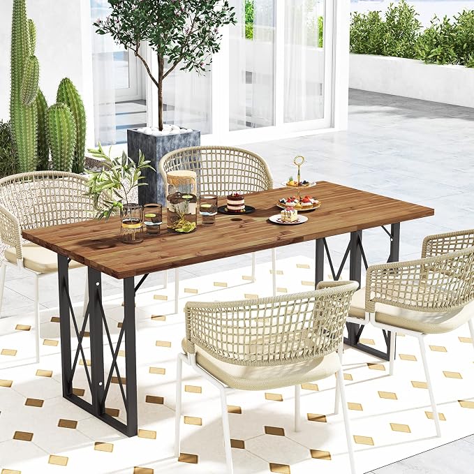 Tangkula 67 Inch Outdoor Dining Table, Acacia Wood Patio Table with 2 Inch Umbrella Hole, Heavy-Duty Metal Frame, Indoor Outdoor Picnic Table for 6
