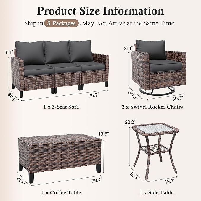 Amopatio Patio Furniture Set, 5-Piece Wicker Outdoor Sectional Sofa with Swivel Rocker Chairs, Rattan Conversation Set with Storage Coffee Table and Waterproof Cover for Backyard, Brown/Grey