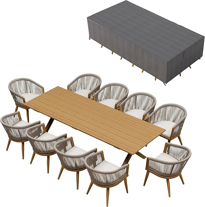 PURPLE LEAF Outdoor Dining Set with Waterproof Furniture Cover 11-Piece All-Weather Patio Set for 10 with Woodgrain Aluminum Table Rope Weave Chairs and Cushions, Teak