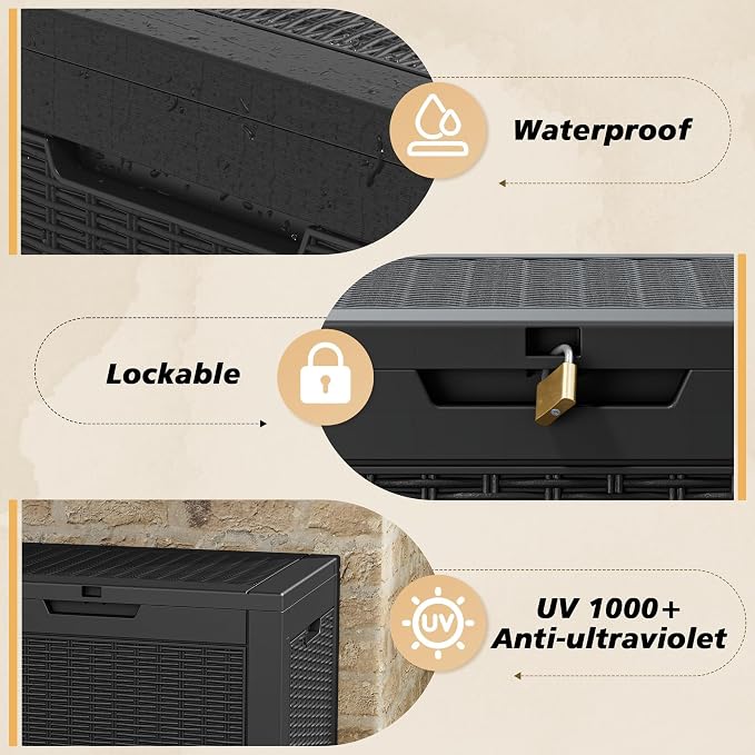 Fancyango 60 Gallon Outdoor Deck Box Waterproof, Storage Box for Patio, Resin Storage Bench Lockable for Garden Tools, Package Delivery, Black
