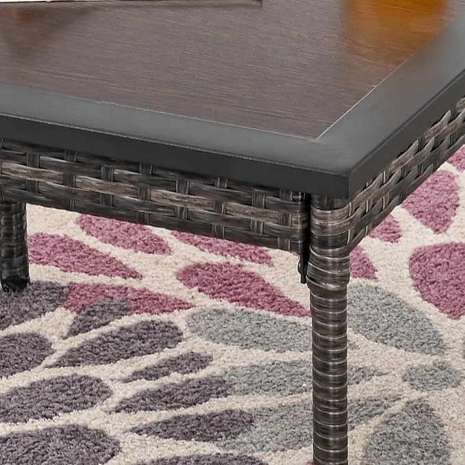 Outdoor Square Coffee Table Metal Wicker Patio Table with Wood Grain Tabletop Steel Frame
