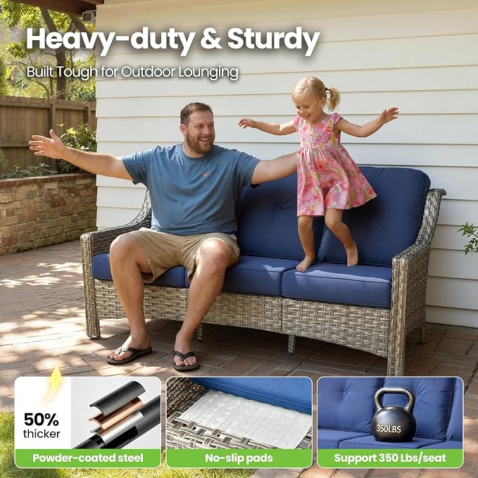 2 Piece Patio Furniture Set, Outdoor Wicker Chairs Set of 2 with Thick Cushion, Heavy Duty High Back Comfortable Chair for Small Balcony Porch Garden, Navy Blue