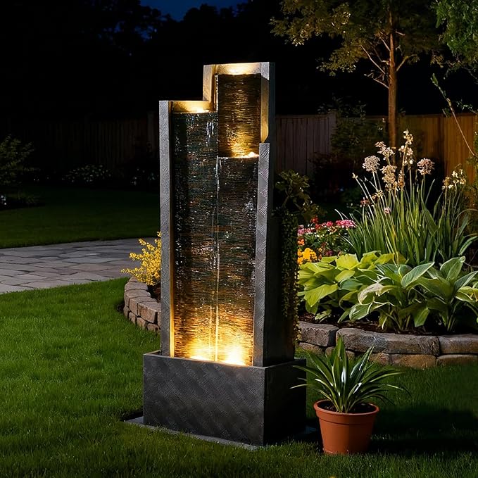 Sunlinua 49.6H Modern Outdoor Water Fountain with LED Light Garden Cascading Waterfall Feature for Indoor or Outdoor Cascading Waterfall for Relaxing Garden Patio Backyard Porch or Home Décor