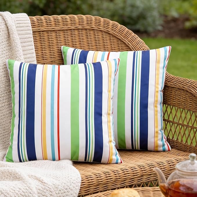 Adabana Blue Outdoor Waterproof Throw Pillow Covers 18x18, Decorative Striped Pillows Cover Set of 2 for Patio Garden Porch, Green