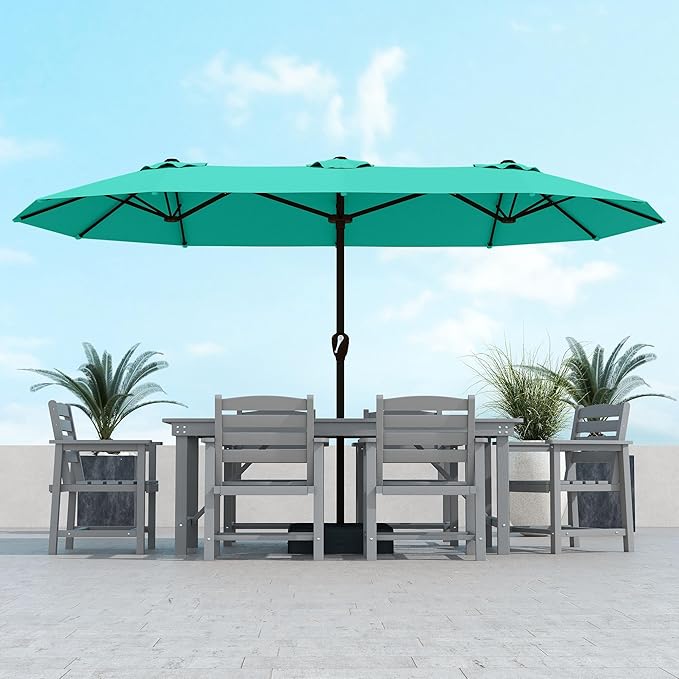 Kingdura 15ft Large Patio Umbrella with Base Included, Double-Sided Rectangle Outdoor Table Umbrella with 12 Reinforced Ribs, Crank Lift for Market Pool Deck Backyard, Tiffany blue