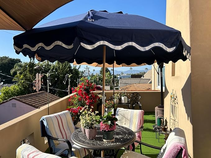 AMMSUN 7.8ft Seashore Umbrella, Outdoor Umbrella, Boho Patio Umbrella with UV 50+ Air Vent Ash Wood Pole Carry Bag & Water-Resistant Canvas Navy Blue
