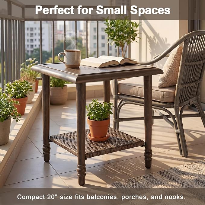 2PCS Wicker Outdoor Side Table, Heavy Duty Iron Patio Table for Porch Balcony Deck Garden Poolside
