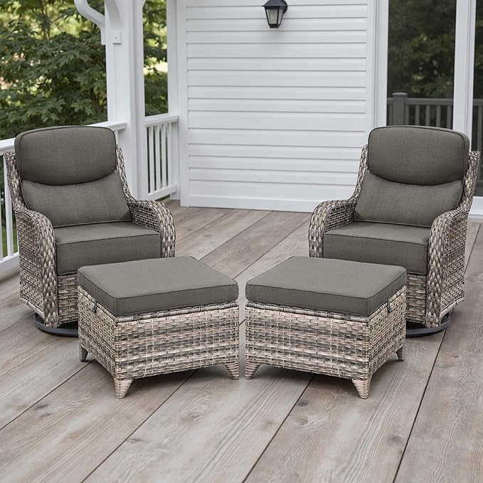 Rilyson Outdoor Patio Furniture Set - Weather Resistant Wicker,High Back,6 inch Cushions,4 Piece Patio Furniture Set with Swivel Rocker Chairs and Ottomans for Deck Porch Yard,Mixed Grey/Grey