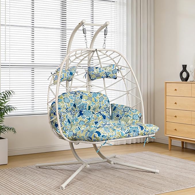 Double Egg Hammock Chair with Stand, Swing Egg Chair, Wicker Hanging Chair with Washable Cushion - Sturdy Metal Stand, 600lbs Capacity for Indoor Outdoor Patio Living Room Etc (White+Morocco Dream)