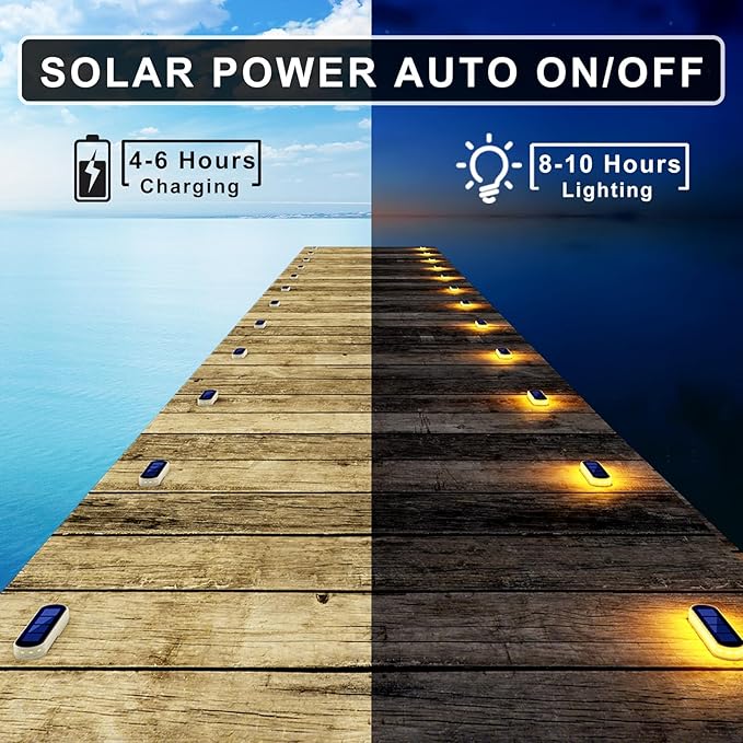 DetarZinLED Solar Deck Lights, 6 Pack Waterproof LED Path Lights, Outdoor Solar Step Lights, Solar Powered Light Bar for Stairs, Driveway, Walkway, Pathway, Dock, Porch, Warm White