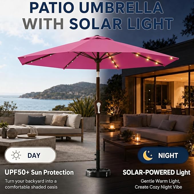 10FT Solar Patio Umbrella with Lights, Outdoor Table Market Umbrella with 32 LED Lights, 8 Sturdy Ribs, Push Button Tilt and Crank for Pool, Deck and Garden, UV-Resistant