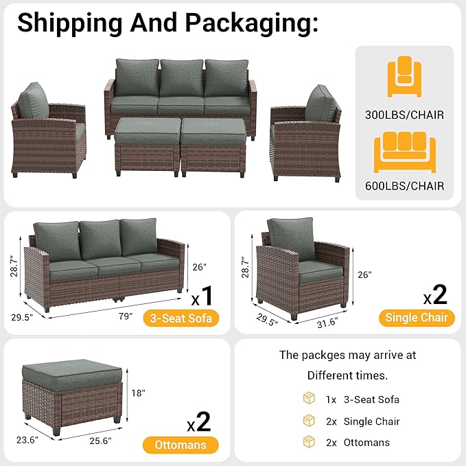 6 Pieces Patio Furniture Set with 44" Gas Fire Pit Table, Outdoor Sectional Sofas, All-Weather Wicker Rattan Sofa w/Gas Fire Pit, Ottoman, Thick Cushion, Dark Grey