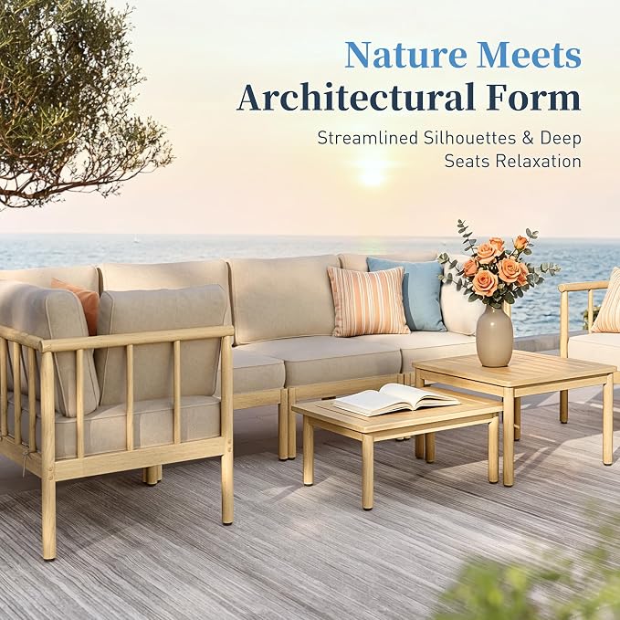 SUNSHINE VALLEY Patio Furniture,Acacia Wood Outdoor Sectional Sofa with 5.5" Ultra-Thick Cushions,L/U Shaped Modular Patio Conversation Set,Lawn Garden Backyard Couch Set with Nesting Tables,Beige