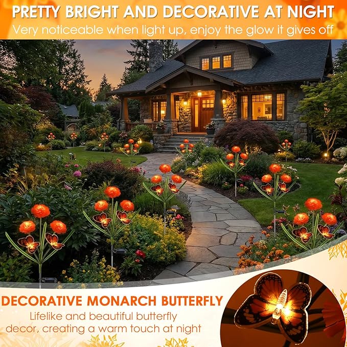 Solar Flowers Outdoor Waterproof, Unique Solar Powered LED Marigold Stake Lights with Monarch Butterflies for Flower Pot, Yard, Lawn, Garden, Outside, Cemetery, Day of The Dead Grave Decor(3 Pack)