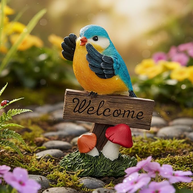 Leekung Bird Garden Statue Welcome Sign Outdoor Garden Decor for Patio Yard | Resin Bird Figurine Welcome Sign, Weather-Resistant Garden Statue for Front Porch,Entryway,Shelf,Table,Gift for Bird Lovers
