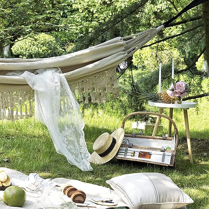 Camping Hammock Bed Tassel Hammock Rope Swing Canvas Sturdy Lanyard Rocking Chair for Outdoor Indoor Garden Load Capacity Up to 150 Kg Hammock Swing (Color : Beige, Size : 200 * 150cm)