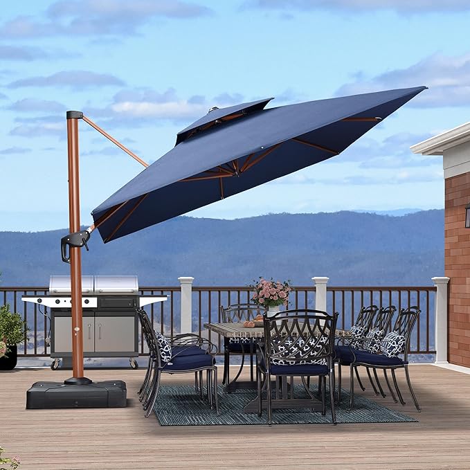 PURPLE LEAF 10' X 13' Patio Large Cantilever Umbrella Double Top Deluxe Outdoor Rectangle Wood Pattern Umbrellas Offset Umbrella Heavy Duty Sun Umbrellas for Garden Deck Pool, Spectrum Indigo