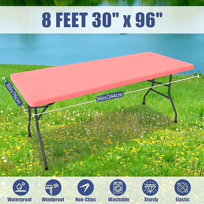 Moosfor Spandex 8 Foot Rectangle Table Cloth 2 Pack, Elastic Fitted Tablecloths for Picnic, Stretch Washable Patio Table Cover for Outdoor, Camping, Banquet and Parties(Coral Red, 30"x96")
