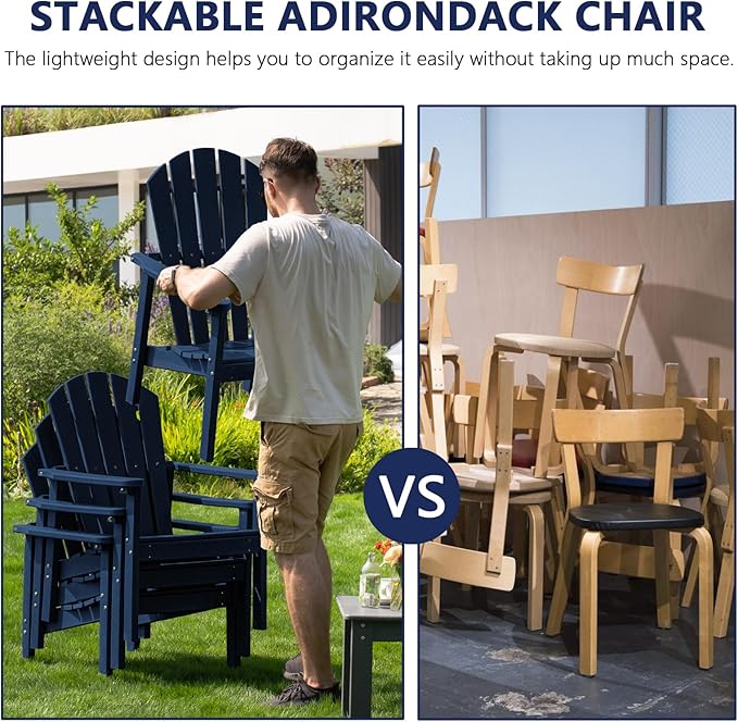 nevilywood Compact Stackable Adirondack Chairs,All Weather HDPE,380lb,Navy | 26.3" Wide HDPE.All-Weather Outdoor.Maintenance-Free.Stackable for Storage.25°Curved Straight Backrest.Quick Assembly