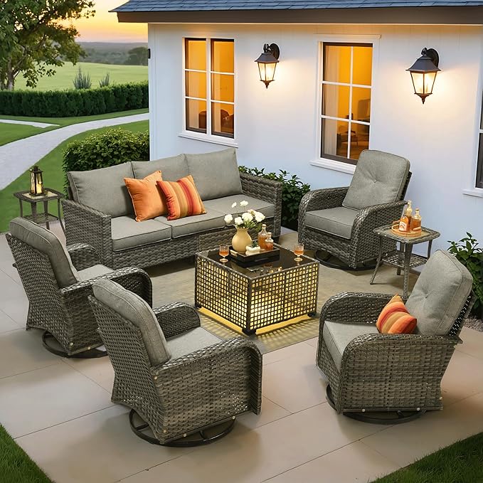 ovios 8 Pieces Patio Furniture Set, Outdoor Wicker Sofa Couch with Rocking Swivel Chairs Solar Lights Table, Modern Deep Seat Rattan Conversation Sets for Deck Porch, Dark Grey
