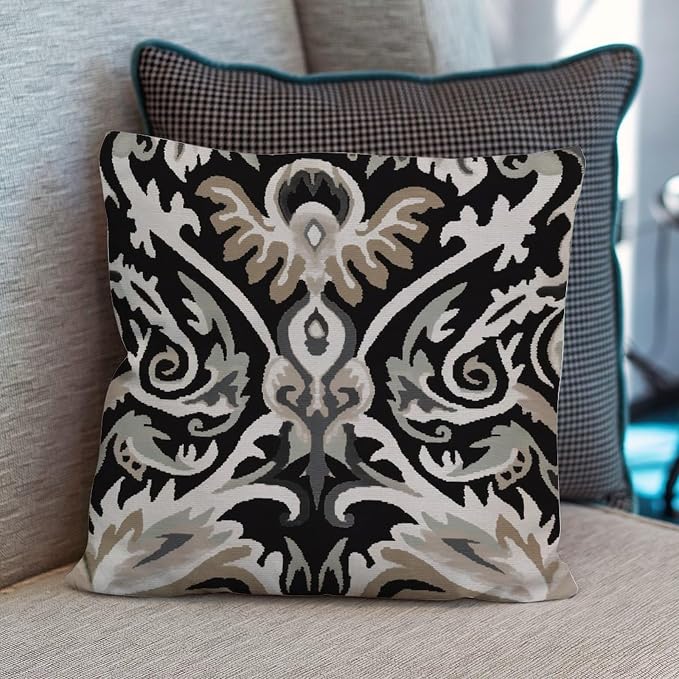 Cushion Cases Ikat Black Brown Pillows Rustic Euro Sham Charcoal Pillow Cover Accent Square Couch Sofa Cushion Covers for Patio Furniture Tent Garden 24x24 in