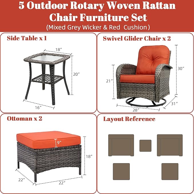 Patio Furniture Conversation Set with Ottomans, 5 Piece Wicker Patio Swivel Rocking Chairs with 360° Swivel Glider and Glass Coffee Table for Porch, Deck, Garden,Red
