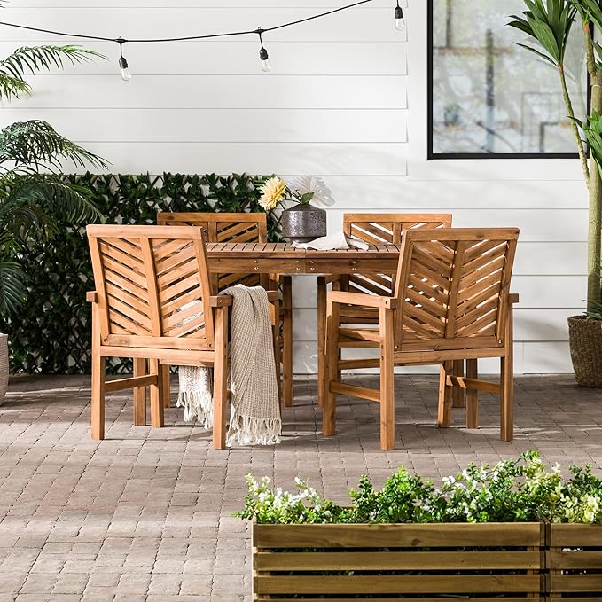Walker Edison 4 Person Outdoor Wood Chevron Patio Furniture Dining Set Table Chairs All Weather Backyard Conversation Garden Poolside Balcony, 5 Piece, Brown