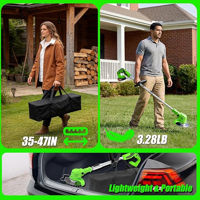 Cordless Weed Wacker Electric Eater 21V Battery Powered String Trimmers 3-in-1 Grass Trimmer/Lawn Edger/Brush Cutter Lightweight Portable Garden Tool with 4 Types Blades & Wheels for Garden Yard