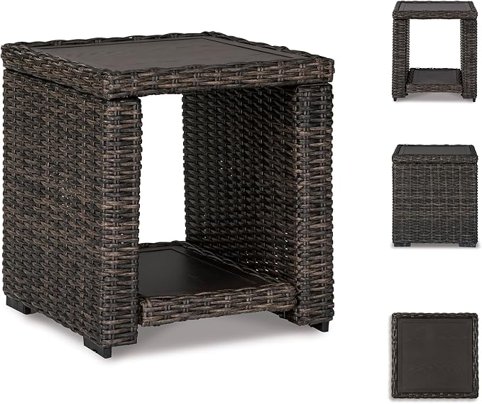 BOWERY HILL Square Patio End Table, 22.25 in H x 19.75 in W x 20 in D, All-Weather Resin Wicker with Rust-Proof Aluminum Frame, Brown Finish, Outdoor Table for Patio or Garden Use