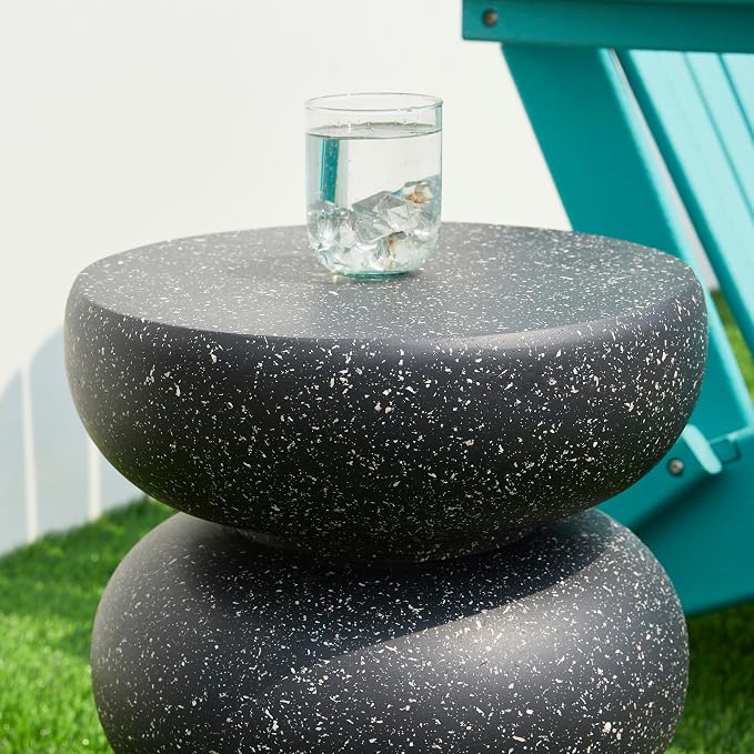 Glitzhome Outdoor Side Table, 18" H Decorative Garden Stool MGO Faux Terrazzo End Table, Heavy Duty Indoor Outdoor Round Planter Stand for Living Room Bedroom Patio Deck Poolside,Black