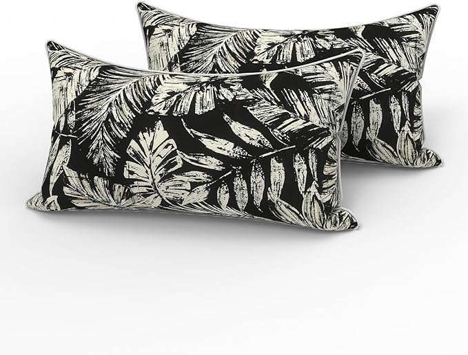 LVTXIII 2 Pack Outdoor Lumbar Pillows 12x20 Inch with White Piping, Fade Resistant Support Throw Pillows with Inserts for Patio Furniture, Sofa, Chair, Tropical Leaf Black