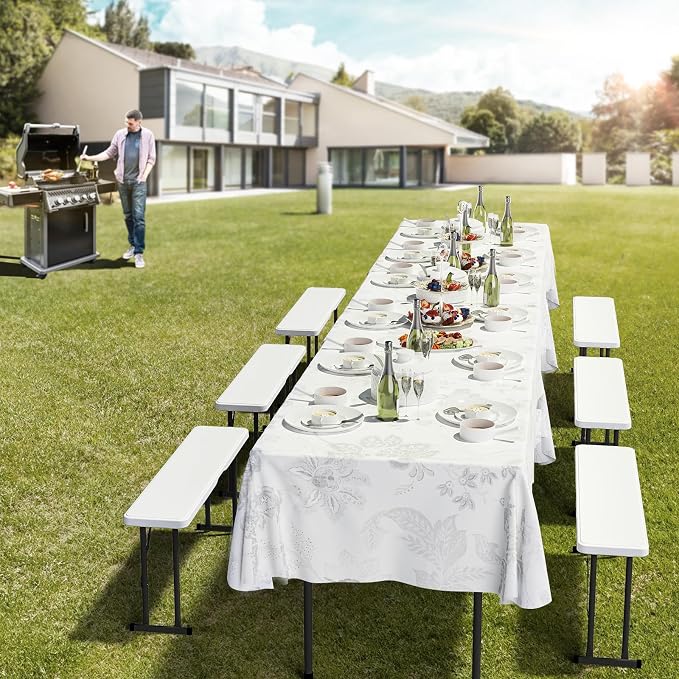 VINGLI Picnic Table Set with 2 Benches, 6 Feet Camping Table Chair Set, Heavy-Duty HDPE Material with Metal Frame, 3-Piece Folding Furniture for Indoor or Outdoor Use (3.5ft White)