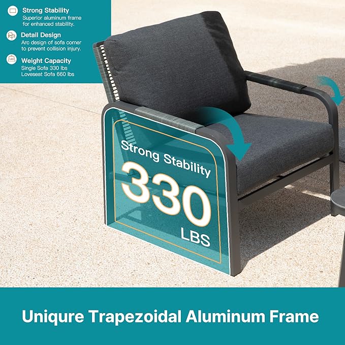 Aluminum Patio Furniture Set with Coffee Table, L-Shaped Patio Sectional Couch with Rattan Backrest for Garden, Balcony, Terrace, Gray