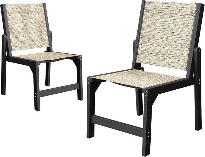 Patio Stackable Chairs Set of 2, HDPE Armless Outdoor Dining Chairs with Wide Seat, All-Weather Textilene Oversized Porch Chair for Garden, Poolside, Backyard, Deck | Black
