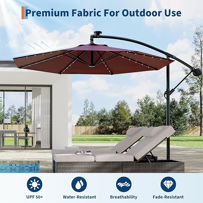 10FT Solar Cantilever Umbrella with LED Lights, Offset Patio Umbrella with Easy Lift & Tilt Adjustment, UV Protection & Fade Resistant, for Deck, Pool, Garden, Backyard, Tanning