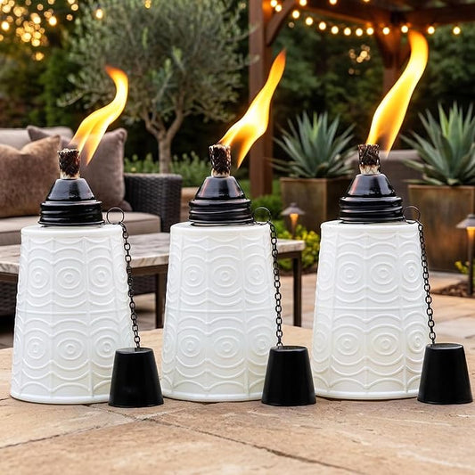 Seraphic Citronella Table Top Torches for Outdoor Patio, 16oz Decorative Glass Torch Citronella Candles for Outside Deck, Garden, Parties, Set of 3, White