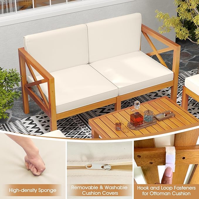 Tangkula 5 Pieces Acacia Wood Patio Chaise Lounge Chair Set with Ottomans and Cushions, Outdoor Patio Chairs Set with 2-Tier Coffee Table, Outdoor Conversation Set for Garden, Backyard and Poolside
