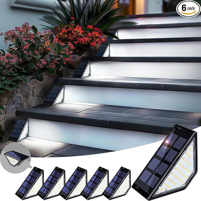 PATIOWIN 6 Pack Solar Step Lights for Outside, 24 LEDs Solar Stair Lights Waterproof IP65, Solar Deck Lights Outdoor Decor for Garden, Porch, Pathway, Patio, Fence(Cold White)