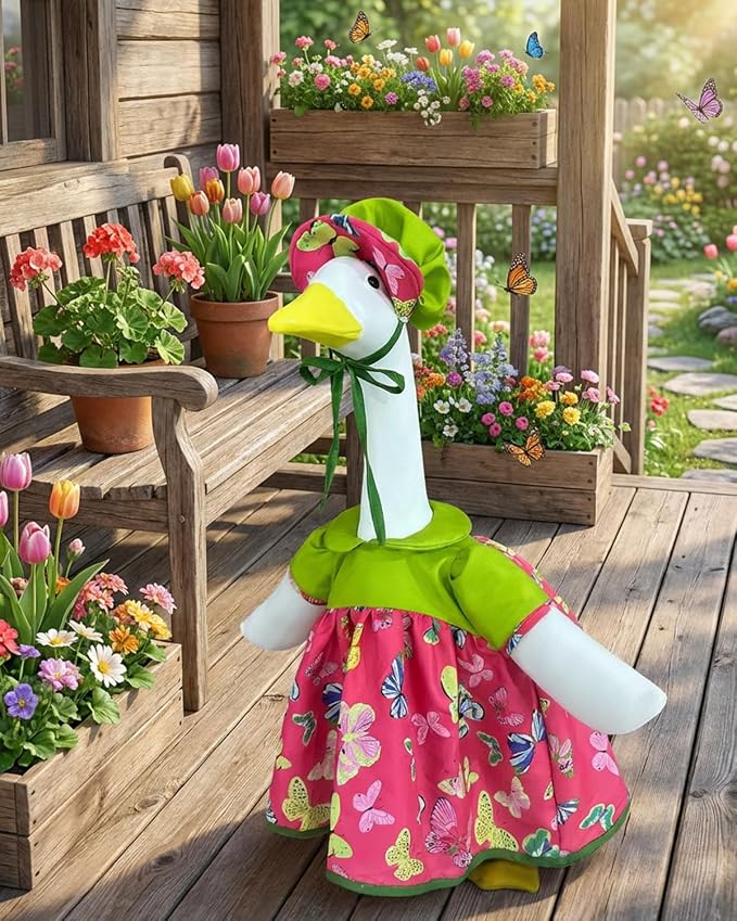 Summer Porch Goose Outfits with Hat, 23" Lawn Cement Goose Clothes for Spring Summer, Patio Yard Garden Geese Decoration Gifts for Mom Grandma