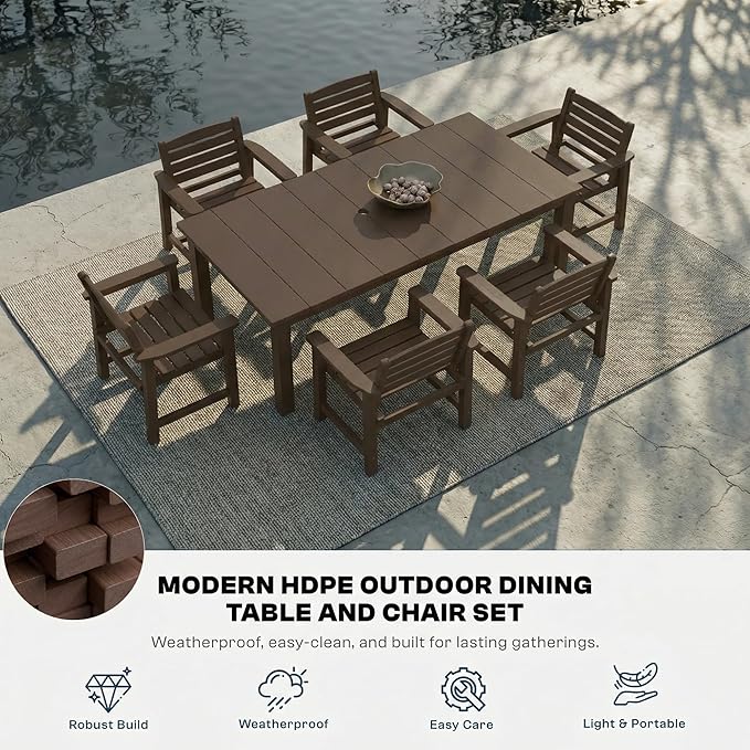 7-Piece Outdoor Dining Set for 6, 75.2" HDPE Patio Table with Umbrella Hole & 6 Chairs, Weather-Resistant Wood-Look Patio Furniture for Garden, Lawn, Deck, or Poolside (Brown)