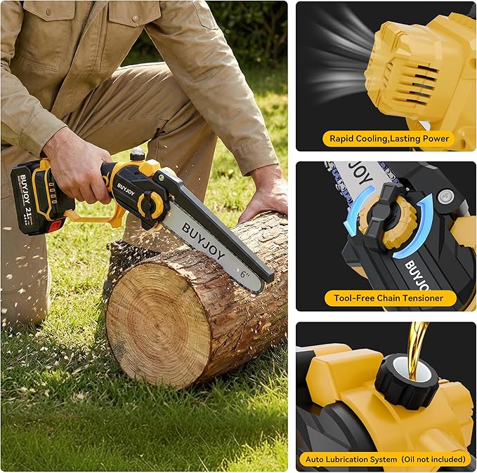 BUYJOY 2-in-1 Mini Chainsaw & Electric Pruning Shears, 1.8" Cutting Capacity, 8 Inch Cordless Chainsaw with 2 x 4.0Ah Batteries, Battery Powered Branch Cutter for Tree Trimming and Garden Pruning