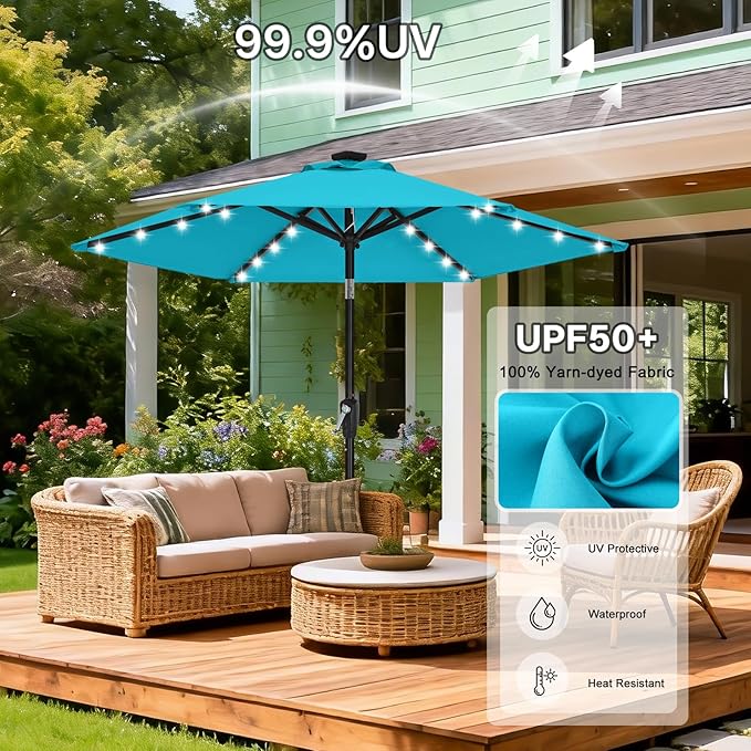 ABCCANOPY Durable Solar Led Patio Umbrellas with 24LED Lights 7.5FT (Turquoise)